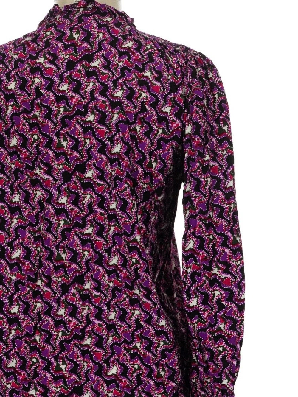 SUNCOO Purple & Magenta Pattern Blouse, V-Neck Long-Sleeve Frilly Collar Ditsy - Picture 4 of 13